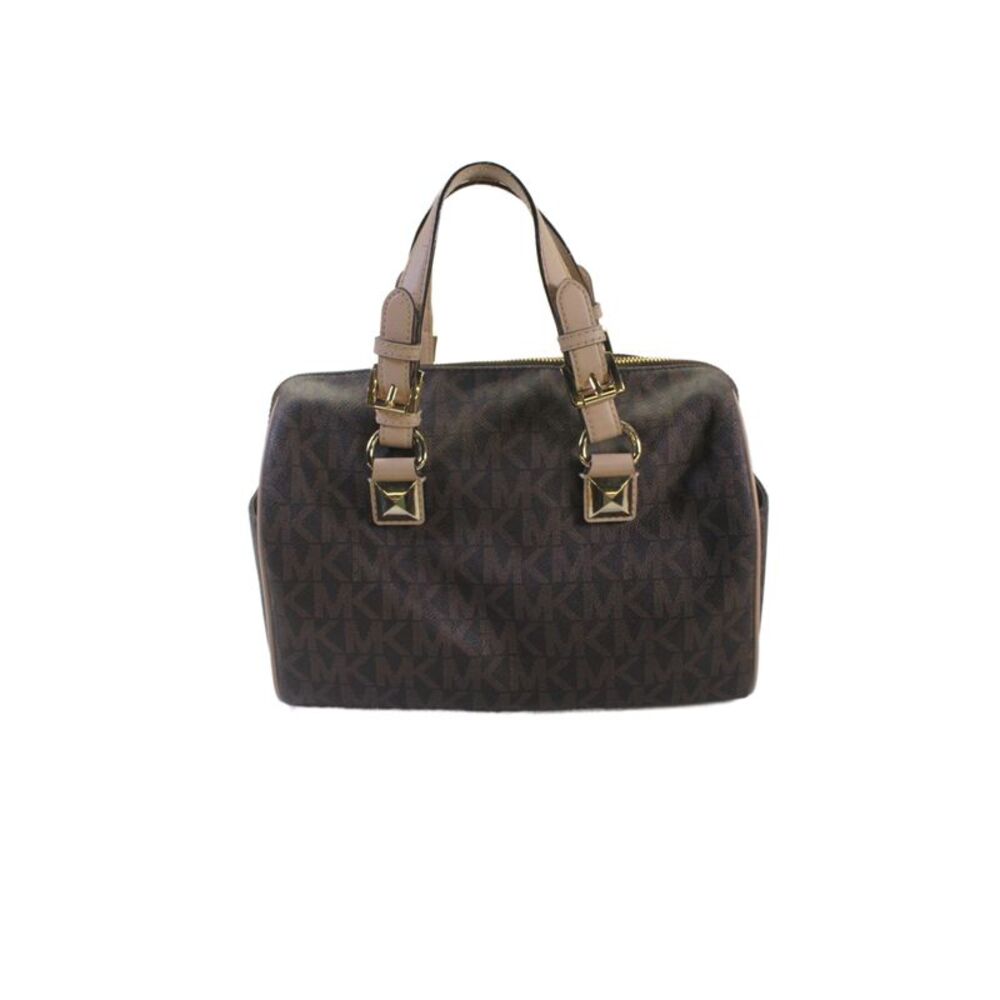 Michael Kors Womens Leather Monogram Grayson Satchel Handbag Brown